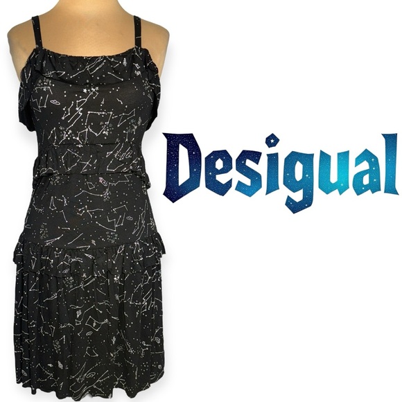 DESIGUAL black slip dress with silver sparkle outer space star constellations S - Picture 3 of 15